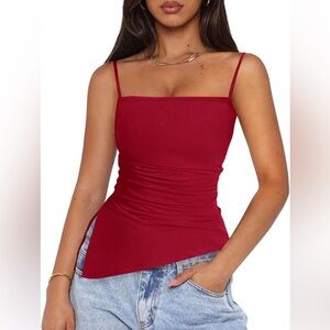 PRETTYGARDEN Red Y2K Asymmetrical Tank Top XL Spaghetti Strap Fitted NEW